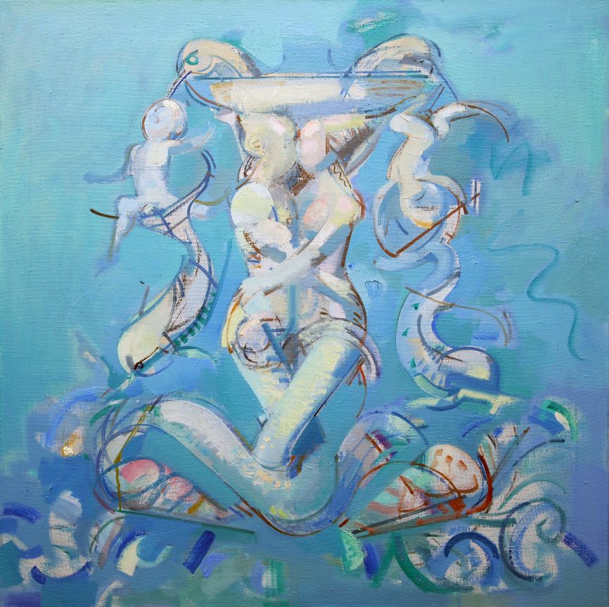 Vasiliy Ryabchenko -Fountain Constructing (blue), 2019, 100 х 100 cm, oil on canvas